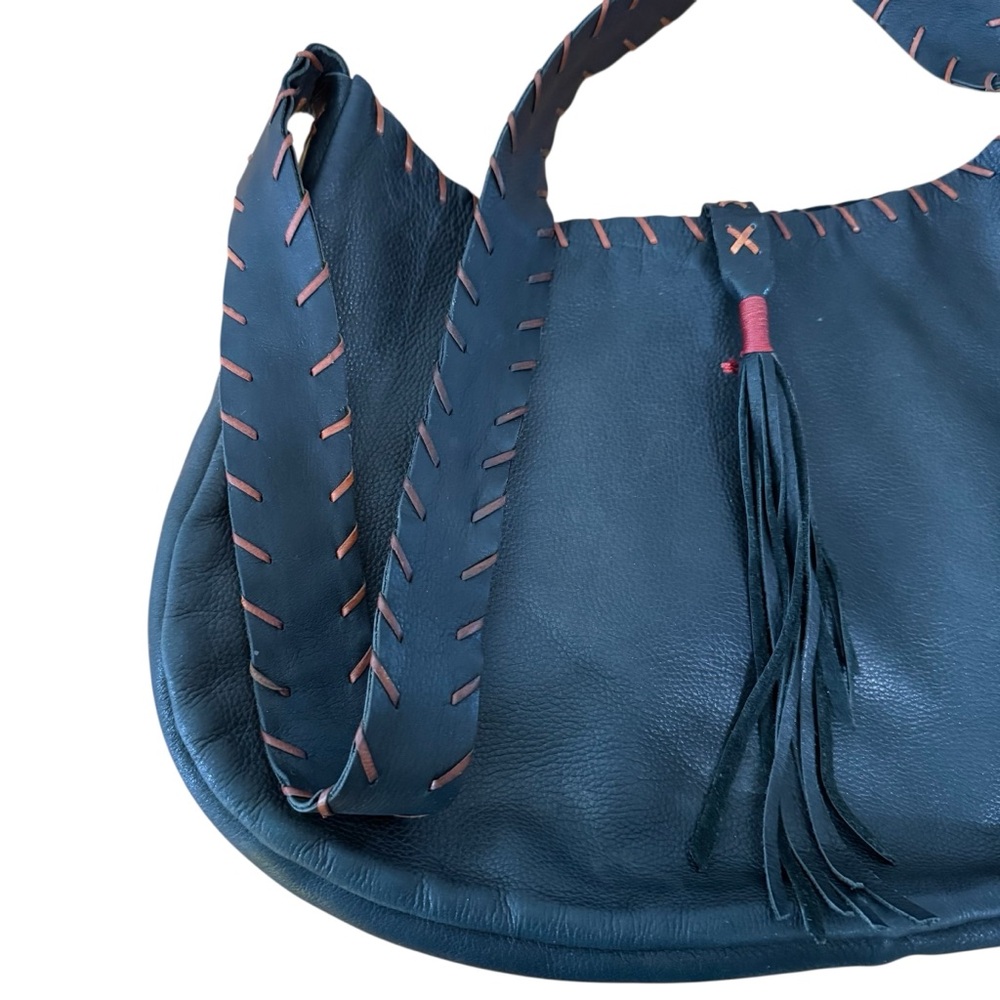 Black Leather Hobo Bag with Tassel